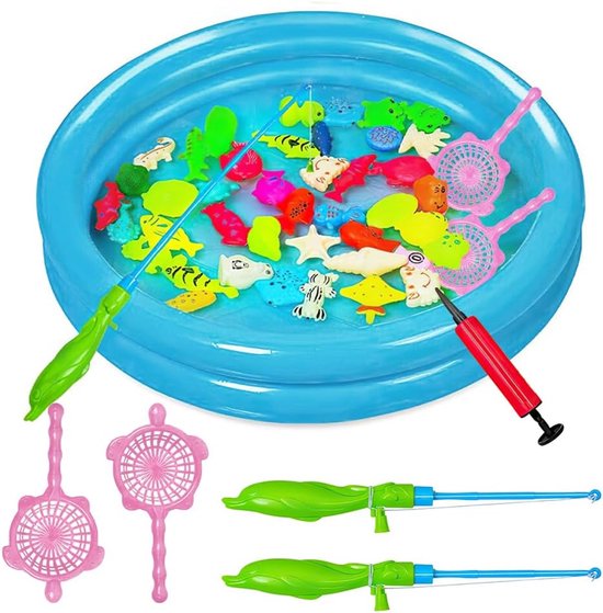 Fishing Game - Magnetische Vissen Speelgoed - 50 Stuks Bad Speelgoed - Vissen Activiteiten met Zwembad - Vissen Hengel en Net - Buiten Water Speelgoed - Cadeau voor Peuters - Educatieve Speelgoed