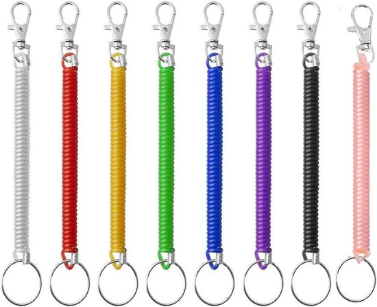 Fishing Line Key Chain, Pack of 8 Elastic Spiral Key Chains, Multi-Coloured Plastic with Retractable Spring Safety - ShopVlot