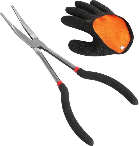 Fishing Pliers Curved 28cm Hook Opener Fishing Hook-Loading Bar with 1 Right Hand Fishing Gloves Long Fishing Rod Pliers Fishing Accessories Used For Catching Predatory Fish van Merkloos