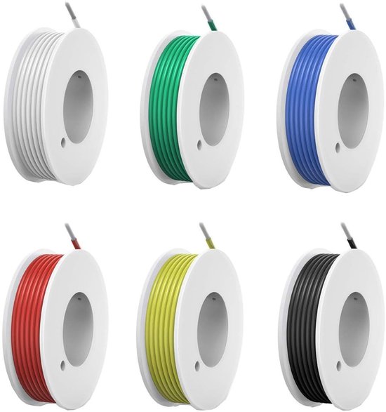 Flexibele Silicondraad Set 0.055mm², 30 AWG Elektrische Kabel, 600V Gevlochten Koperdraden, 6 Kleuren Spoel, 20 Meter per Rol voor DIY Elektronica en RC Vliegtuigen