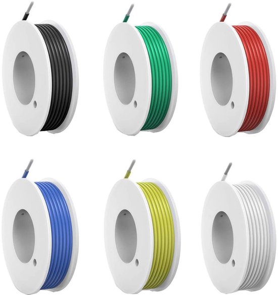 Flexibele Siliconekabel Set van 24 AWG, Geëmailleerde Koperen Draden, Kleurkabels voor Elektrische Verbindingen (6 Spoelen van 10 Meter)