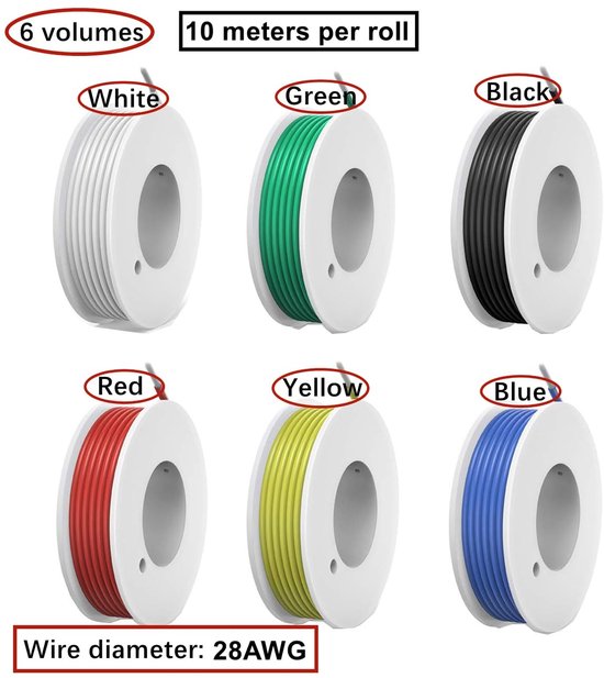 Flexibele Siliconen Draadset 0.08mm², 28 AWG Elektronische Kabel, 6 Kleuren Spool, Tinned Copper, 600V, 2.4A, Ideaal voor DIY RC Vliegtuigen en Elektronische Projecten, 6 x 10 Meters