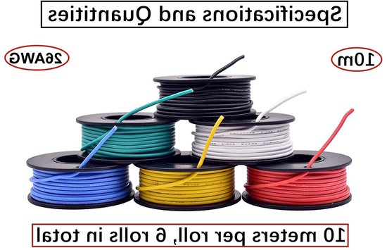 Flexibele Siliconen Kabels Set, 26 AWG Elektronische Draden, Assortiment Schakel Draden, 300V Geëmailleerd Koper, 6 Kleuren Spoel 600V 2.4A 6x10m voor DIY RC Vliegtuigen en Elektronische Projecten van Merkloos