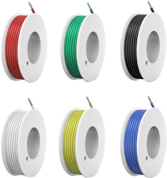 Flexibele Siliconesnoeren Set van 24 AWG, Gevlochten Koper, Kleurige Verbinding Kabels, 6 Spoelen van 10 Meter