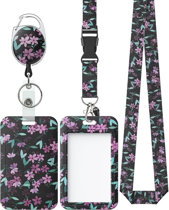Floral Badge Holder met Roze Bloemen en Zwart Plastic, Inclusief Retractable Reel en Lanyard Strap voor Sleutels en ID Kaarten