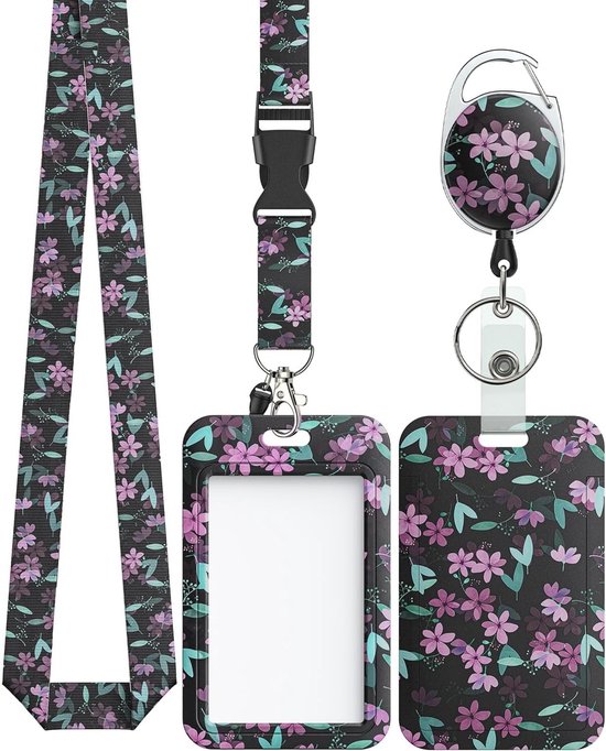 Floral Sliding Badge Holder met Roze Bloemen, Retractable Badge Reel, Carabiner Clip en Afneembare Lanyard Strap voor Professioneel Gebruik van Merkloos