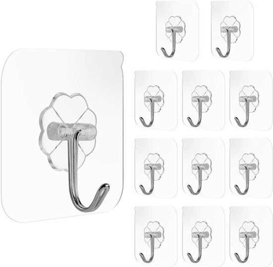 FOCCTS Pack of 12 Adhesive Hooks Magic Reusable Transparent Adhesive Hooks Clothes Hooks Plastic Hooks Waterproof - ShopVlot
