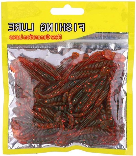 Focket 50 stuks visaas, zacht aas, T-Tail, 9 kleuren larvenkaas, wormaas, visaccessoires (rood)