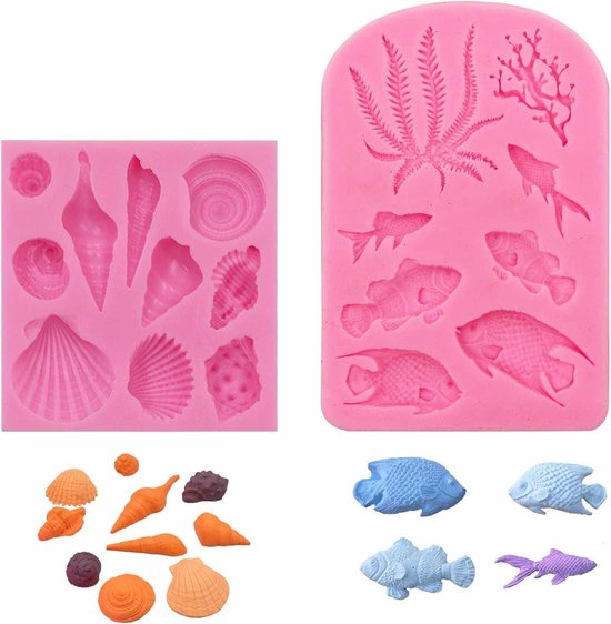 fondant siliconen vormen zeepvorm - 3D oceaan dier decoratie met schelp koraal vis geschikt voor koekjes snoep cupcake chocolade cake zeep epoxyhars, 2 stuks