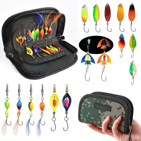 forellepels, 16 stuks, 1,5 g/2,5 g/3 g/4 g, lepelset UV actief met opbergdoos, forellenknipper, spinner, forelaas voor snoek, snoekbaars, forel
