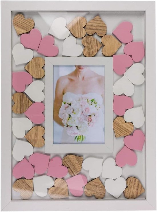 Fotolijst met beschrijfbare houten hartjes, gastenboek, bruiloft, liefdesdecoratie, cadeau-idee, huwelijkscadeau, fotolijst, 38 x 28 cm