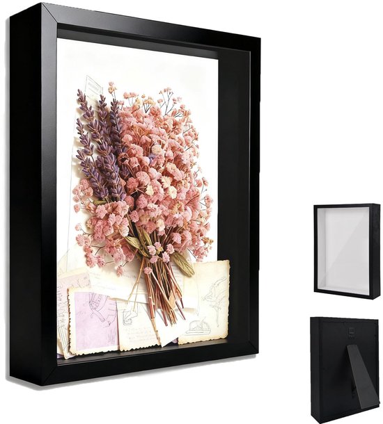 Fotolijst om te vullen, diepe fotolijst om te vullen, 20 x 25 cm, diepe lijst voor muur en desktop, 3D-objectlijst dieper 3 cm, foto's, souvenirs, zwart