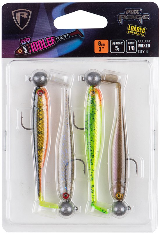 Fox Rage Mini Tiddler Mixed Colour Pack Loaded (4 pcs) 8cm - Jig Head 5g - Haak 1/0