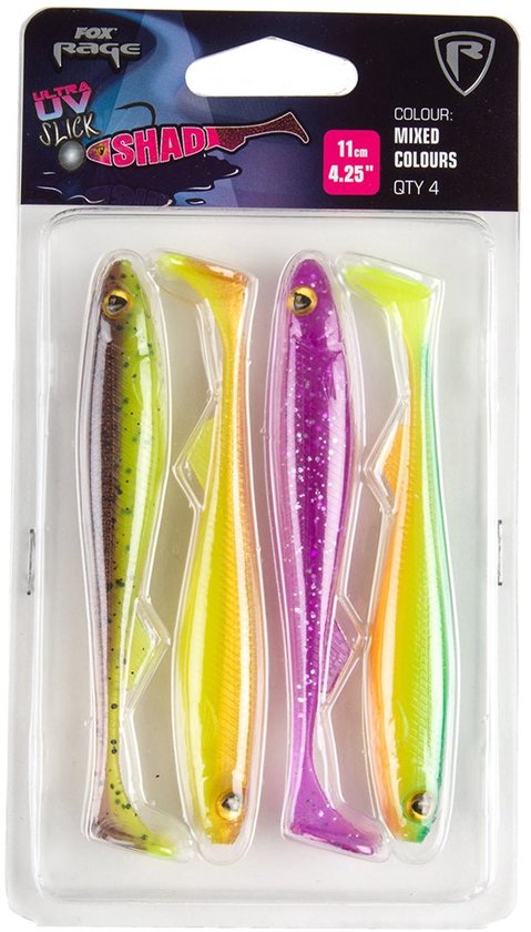 Fox Rage Slick Shad UV Mixed Colour Pack – 4 Stuks UV GP; SD; PR; BB; BF 13cm UV GP; SD; PR; BB; BF