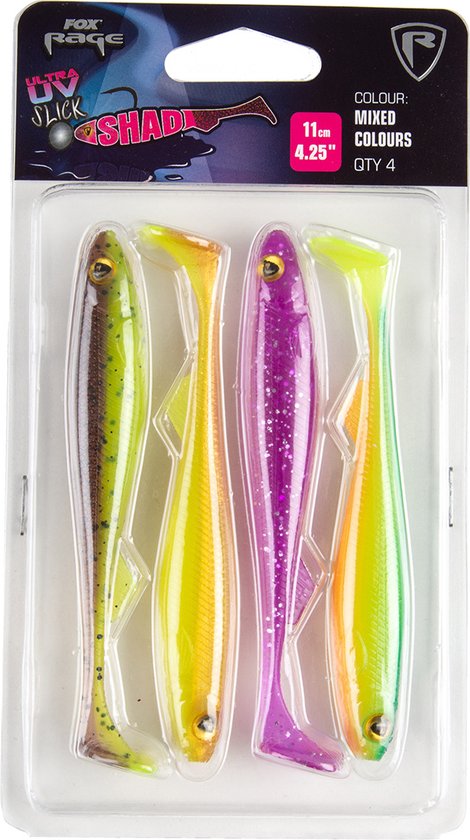 Fox Rage Slick Shad UV Mixed Colour Pack – 4 Stuks UV PC; P; DO; P 11cm UV PC; P; DO; P van Merkloos