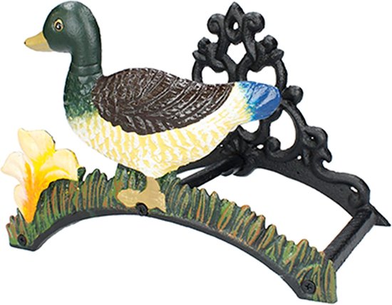 FSKPM016 Vintage metalen slanghouder, smeedijzer, levendige kleuren met eendendesign, 285 x 150 x 255 mm