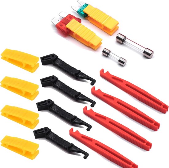 Fuse Puller Pliers 12-Piece - Remover and Clip for Car and Glass Fuses - Insertion Tool voor Auto's en Huishoudelijk Gebruik (Red, Yellow, Black)