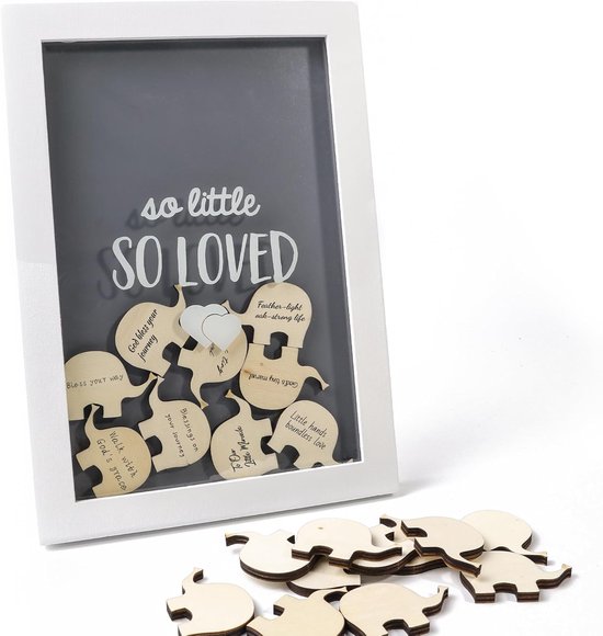 Gastenboek Babyshower en Doop - Fotolijst met 20 Olifantjes voor Wensen, Creatief Alternatief Wensenboek voor Babyfeest, Gender Reveal en Kinderkamer Decoratie (19x27 cm)