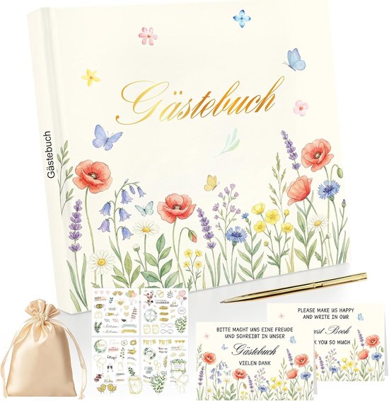 Gastenboek bruiloft met vragen om in te vullen, bruiloft gastenboek met pennen voor gastenboek bruiloft en stickers, bruiloftsgastenboek met 2 aanwijzingsborden, 72 gastenvermeldingen, elegante
