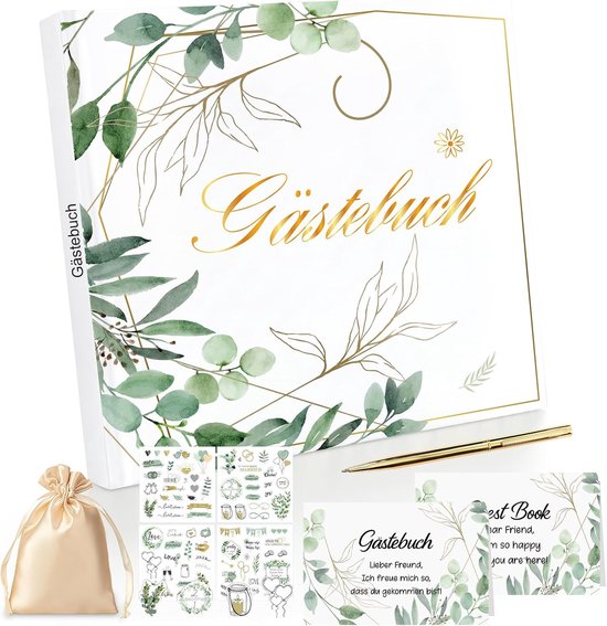 Gastenboek bruiloft met vragen om in te vullen, bruiloft gastenboek met pennen voor gastenboek bruiloft en stickers, bruiloftsgastenboek met 2 aanwijzingsborden, 72 gastenvermeldingen, elegante