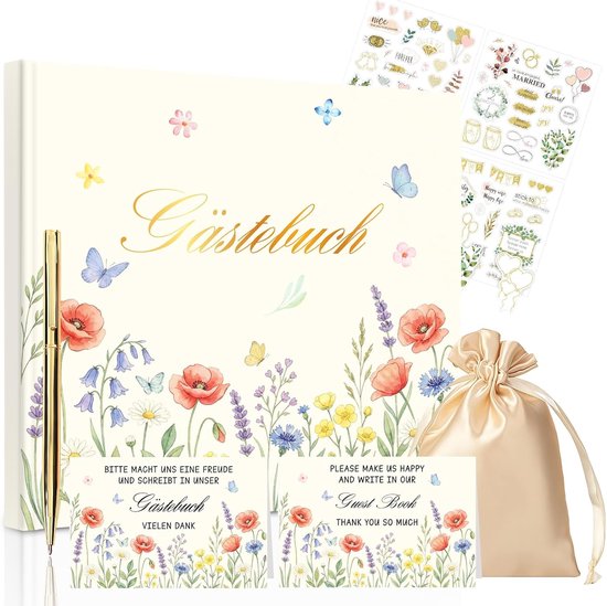 Gastenboek bruiloft set met pennen, stickers en tas - wilde bloemen