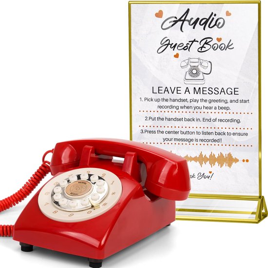 gastenboek bruiloft telefoon, 32 GB geheugen aangepaste audioberichten, volume verstelbaar, met berichtherhalingsfunctie, geschikt voor alle soorten feesten (rood+teken)