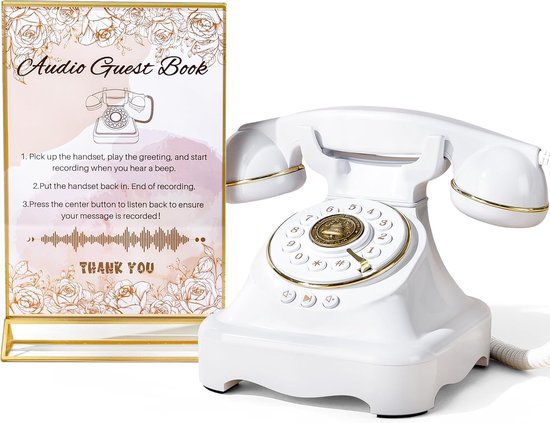 gastenboek bruiloft telefoon met one-touch weergave & instelbaar volume voor bruiloft, jubileum, verjaardagsfeesten, babyshower, wit met bord