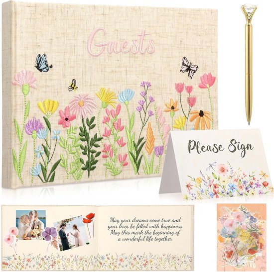 Gastenboek bruiloft wilde bloemen borduurwerk fotoalbum stof met stickers