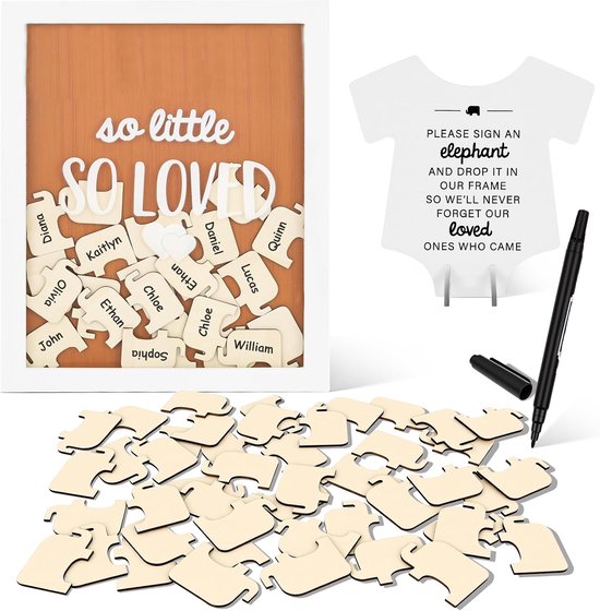 gastenboek fotolijst van hout, babyshower decoratie met 50 houten olifantenkaarten om in te vullen, creatief gastenboek, doopboek voor babyshower, decoratie meisjes en jongens