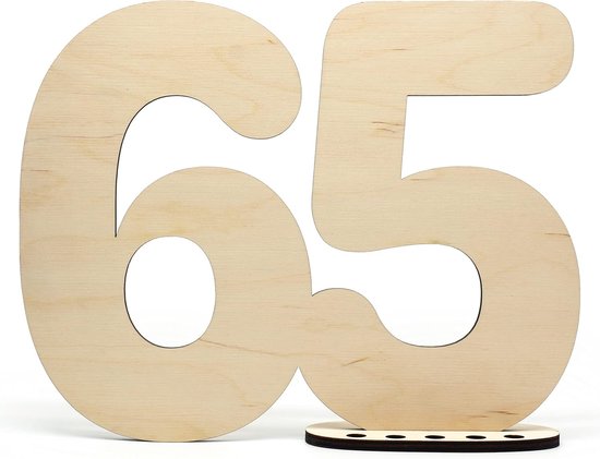 Gastenboek hout decoratief bord getal 65 - om zelf te beschrijven als cadeau met standaard en verjaardagskaarsenhouder - voor decoratie van 65e verjaardag, 65 jaar, jubileum of bruiloft