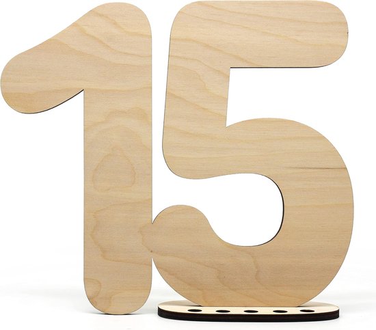 Gastenboek houten bord nummer 15 - Cadeeidee, wenskaart om te beschrijven, als cadeau met standaard voor geldgeschenken - Decoratie cadeau voor de 15e verjaardag, 15-jarig jubileum of huwelijk