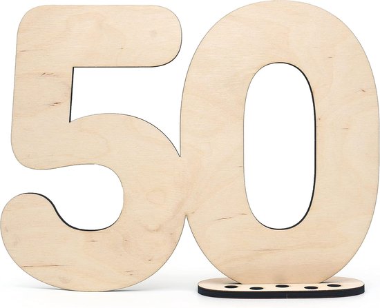 Gastenboek Houten Decoratie Schild Nummer 50 - om zelf te beschrijven als cadeau met standaard en kaarshouder voor verjaardag - voor 50e verjaardag decoratie, 50-jarig jubileum of huwelijk