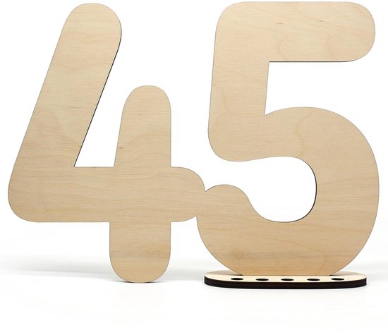Gastenboek houten decoratief bord cijfer 45, om zelf te beschrijven, als cadeau met standaard en verjaardagskaarsenhouder, voor 45e verjaardagsdecoratie, 45 jaar jubileum of bruiloft