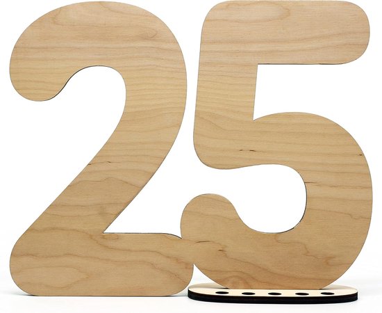 Gastenboek houten decoratief bord nummer 25 - om zelf te beschrijven als cadeau met standaard en verjaardagskaarsenhouder - voor decoratie van 25e verjaardag, 25e verjaardag of bruiloft