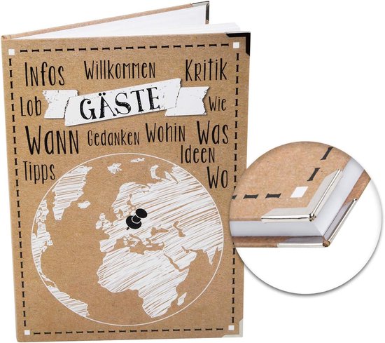 Gastenboek leeg BlankLogbuch-uitgeverij Gastenboek grote wereldbol wereldbol vintage kraftpapier look pension hotel vakantiewoning met metalen beschermkap