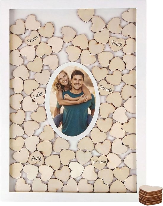 Gastenboek met fotolijst en 72 houten harten om te beschrijven - bruiloft gastenboek bruiloft gastenboek