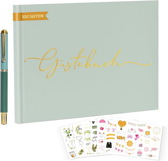 Gastenboek voor bruiloft, 100 pagina's, gastenboek, hoge kwaliteit trouwalbum, elegant gouden reliëf, perfect voor bruiloften, jubilea, verjaardagen, 19 x 24 cm (groen)