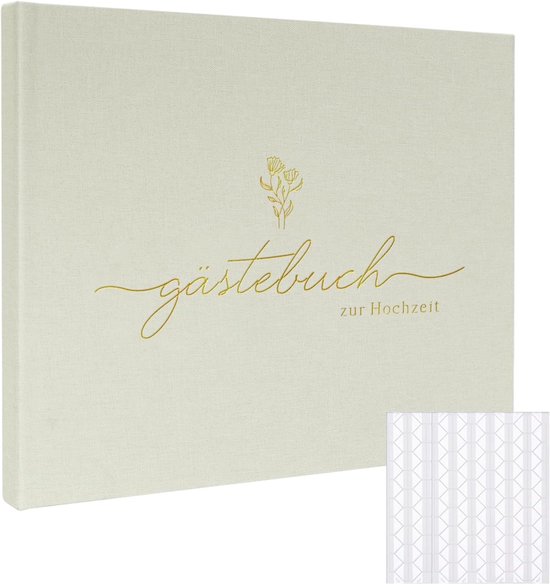 gastenboek voor bruiloft, 100 pagina's premium papier, 50 blanco en 50 met lijnen, zelfklevende fotohoeken, vintage design met gouden titel, ideaal voor bruiloften (beige)