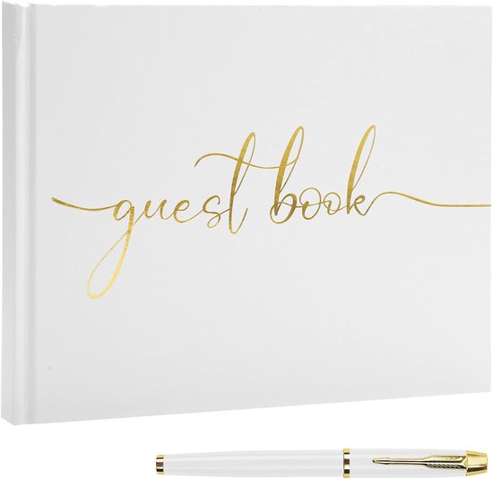 Gastenboek voor bruiloft, bruiloftsboek, gastenboek, babyshower, gastenboek, gastenboek, verjaardag, doop, gastenboeken, 100 blanco pagina's, bruiloftsgastenboek met stift, wit