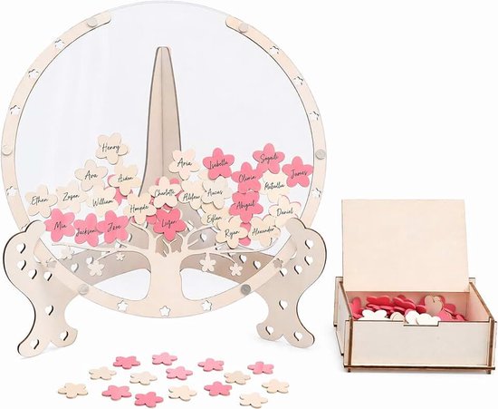 Gastenboek voor bruiloft, hout, met inlegdoos en 80 houten bloemen, gepersonaliseerd bruiloftsgastenboek voor bruiloftsdecoratie, babyshower, jubileum, verjaardagsdecoratie