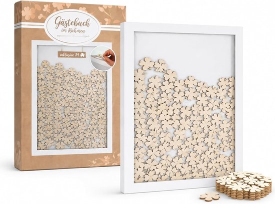 Gastenboek voor bruiloft, in fotolijst met 72 houten hartjes om te beschrijven, bruiloftsgastenboek, MDF houten lijst, wit, 43 x 31 cm, klaverbladen