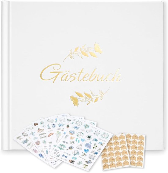 Gastenboek voor bruiloft, met 2 pagina's vaste fotostickers, hoogwaardig bruiloftsboek, hardcover met goudreliëf, afmetingen 21 x 23 cm, hoogwaardig gastenboek, 120 blanco pagina's, 6 pagina's