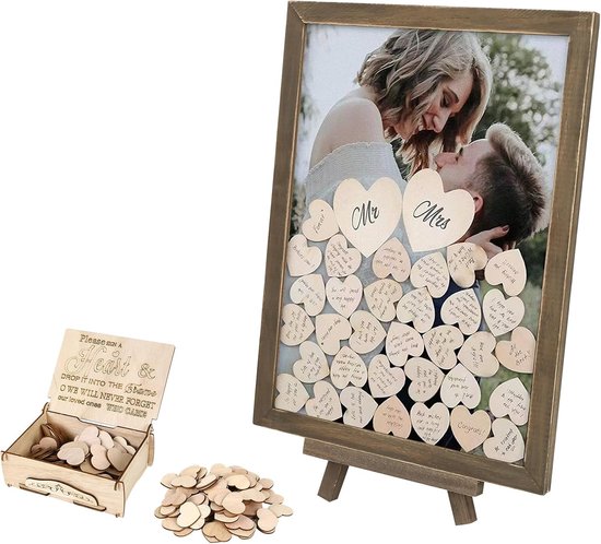 Gastenboek voor bruiloft, met fotolijst, 100 houten hartjes om te beschrijven, gastenboek bruiloft, houten set voor bruiloften, verjaardagen en babyshower