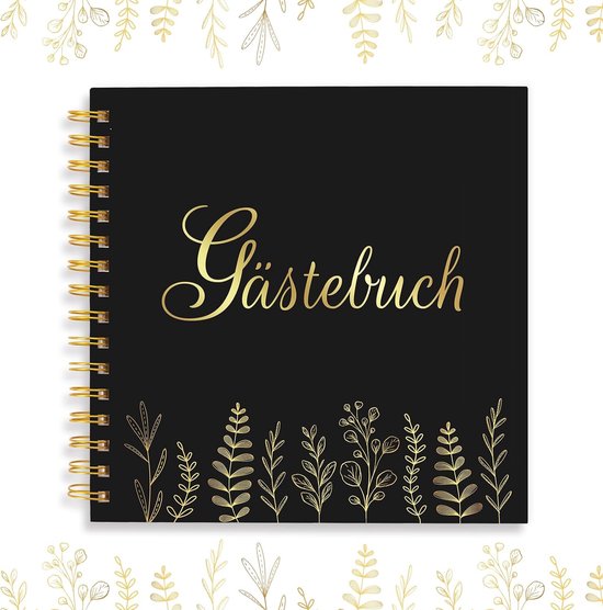 Gastenboek, zwart/goud, 42,5 x 21 cm, eucalyptus, herinneringsboek, bruiloft, herinnering, album, huwelijkscadeau voor bruiloften, jubilea, verjaardagen, vrijgezellenfeest, jeugdwijding (60