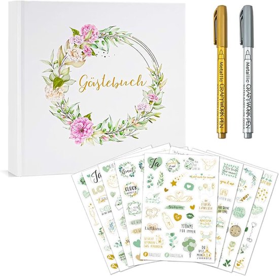 Gastenboekset met gouden reliëf, bruiloft, met gratis sticker + metallic stiften, 120 pagina's, bruiloftsgastenboek, eucalyptus, vintage, bruiloft, gastenboek, bruiloftsdecoratie, bruidspaar