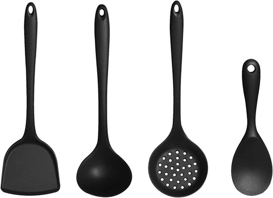 Gebruiksvoorwerp Set 4 Stuk Food Grade Veiligheid Siliconen Keukengerei Hittebestendige Nonstick Spatel Rijstlepels Skimmer Soep Pollepel Keuken Gereedschap, Zwart