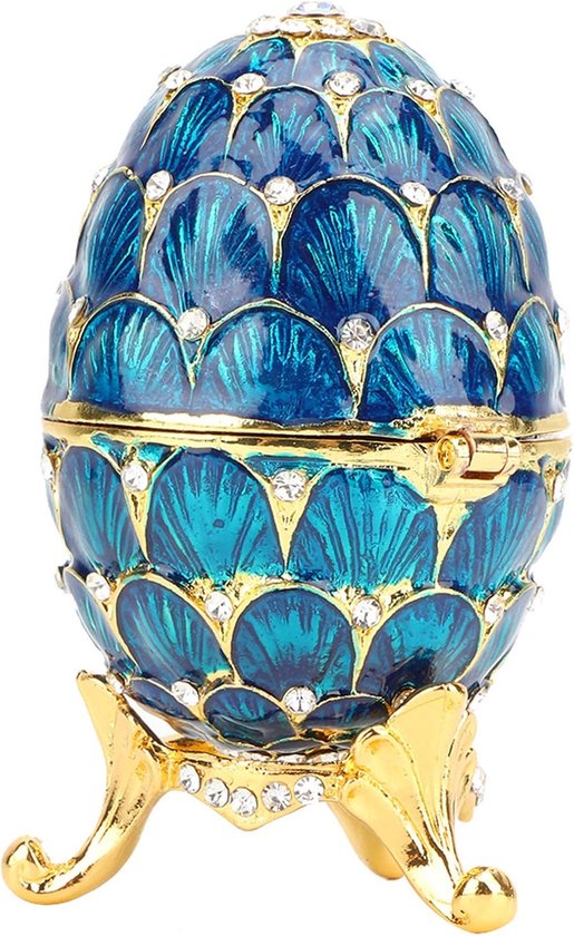 Geëmailleerde Faberge Ei Stijl Decoratieve Pasen Gift Scharnierende Sieraden Snuisterijdoosje voor Unieke Home Decor(Blauw)