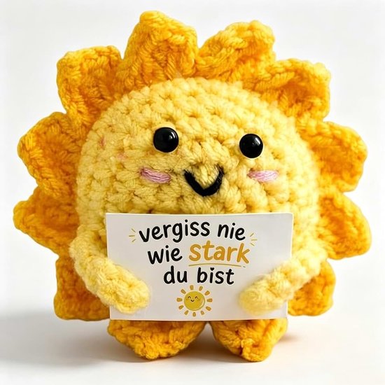 Gehaakte figuur 1 stuk met moed spreuk geluksbrenger goede verbetering geschenken, kleine zon decoratie voor vrouwen vriendin dochter moeder collega examen afscheid verjaardag kantoor