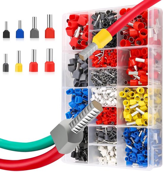 Geïsoleerde adereindhulzen set van 0.5 mm²-16 mm² - 1200 stuks - veelkleurig assortiment - twins en eenaderige hulzen van Merkloos
