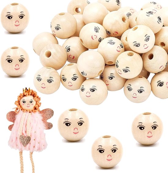 Gekleurde ronde houten kralen - 60PCS - 20mm - lachend gezicht - DIY poppenhoofd knutselen - sieraden maken . van Merkloos